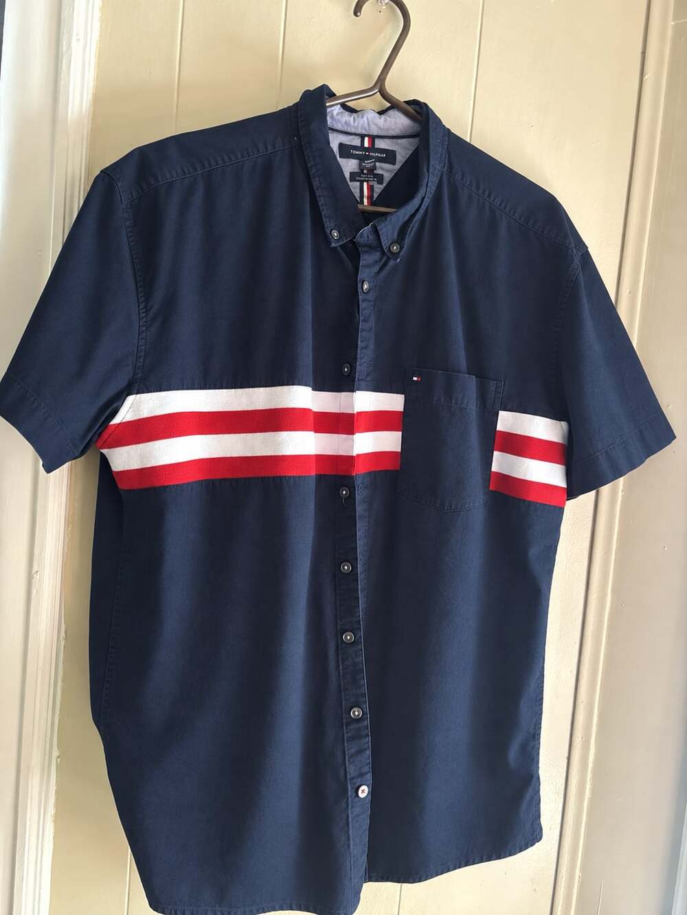 Tommy Hilfiger Men's Navy Blue Slim Fit Short Sleeve Stripe Button Down Shirt XL